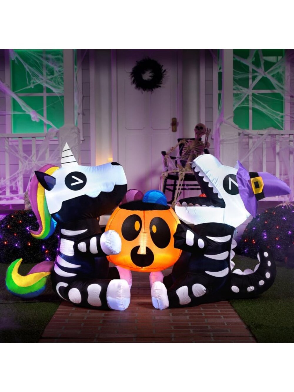 6 FT Halloween Inflatables - Sitting Skeleton Unicorn & Dinosaur Yard Decor, LED